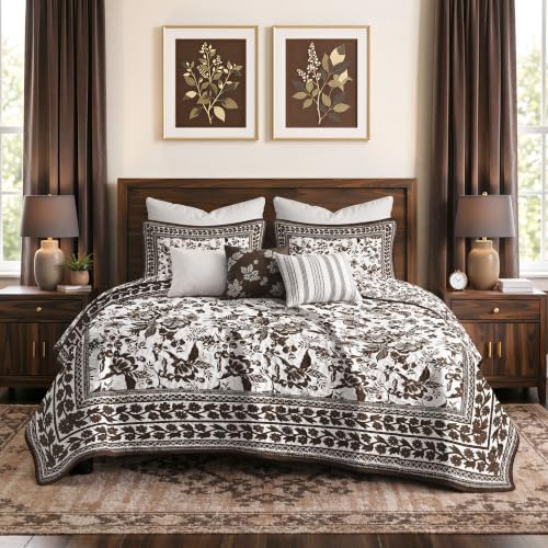 FLYMME Brown and White Vintage Floral Quilt Set King/Cal King Size, 3-Piece Classic Reversible Bedspread Coverlet with 2 Pillow Shams, Lightweight Botanical Bedding Set for All Season
