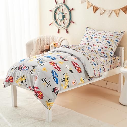 Mooreeke Toddler Bedding Sets for Boys, 4 Pieces Race Cars Printed