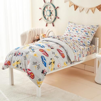 Mooreeke Toddler Bedding Sets for Boys, 4 Pieces Race Cars Printed