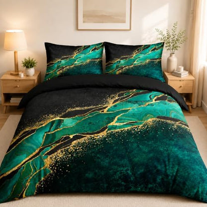 Black and Green Marble Duvet Cover Set Queen Size Gold Veins Malachite Comforter Cover Bedding Set Luxry Art Decor Bedroom