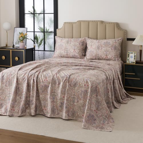 FADFAY California King Size 4-Piece Sheet Set, 100% Cotton, Deep Pocket Fitted Sheet, Soft & Breathable, Vintage Brown Paisley Pattern Bedding for All Seasons