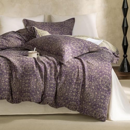 Full Duvet Cover Set Purple Green Floral Duvet Cover Exquisite Jacquard Flower Bedding Set Boho Medallion Vintage Floral Comforter Cover Linen Cotton Yarn-Dyed Textured Duvet Cover with Zipper Ties