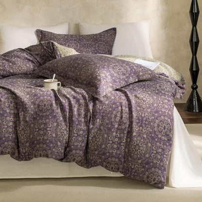 Full Duvet Cover Set Purple Green Floral Duvet Cover Exquisite Jacquard Flower Bedding Set Boho Medallion Vintage Floral Comforter Cover Linen Cotton Yarn-Dyed Textured Duvet Cover with Zipper Ties