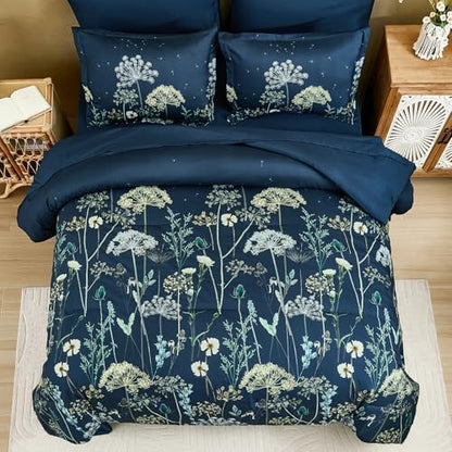 Yiran Navy Blue Floral Comforter Set King Size, 7 Piece Dandelion Botanical Spring Comforter Bedding Set, Bed in a Bag King, Soft Microfiber Complete Bedding Set with Sheets for All Season