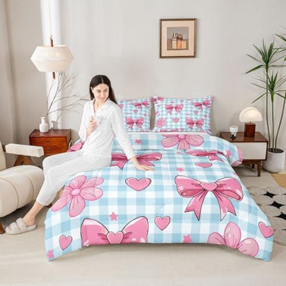 jejeloiu Bowknot Comforter Set Twin Size Bedding Set for Kids Boys Girls