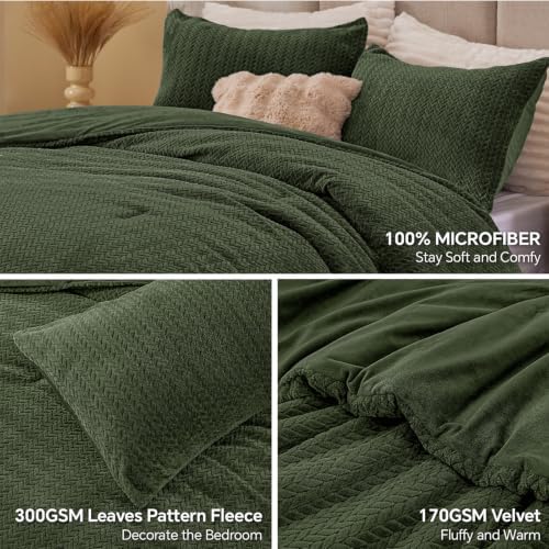 ChiXpace Fleece Queen Comforter Set Olive Green, Fluffy Bed Set 3 Pieces