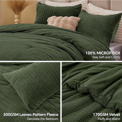 ChiXpace Fleece Queen Comforter Set Olive Green, Fluffy Bed Set 3 Pieces