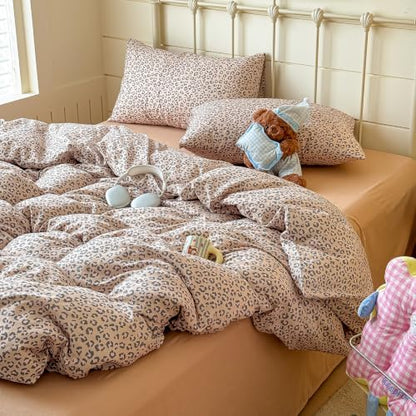 mixinni Light Brown Leopard Print Duvet Cover Set Queen Size, 3PCs Cute Animal Cheetah Bedding, 100% Cotton Double Gauze Soft Aesthetic Retro Pink Black Bedding Set with 2 Pillowcases for Girls Women