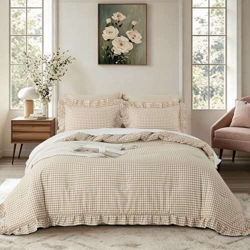 Gingham Ruffle Comforter Set Queen - 3 Piece Tan Checkered Bedding Set - Aesthetic Cottagecore Ruffled Farmhouse Comforter with 2 Pillow Shams - Soft, Lightweight All Season Bedding (90"x90")