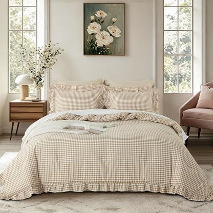 Gingham Ruffle Comforter Set Queen - 3 Piece Tan Checkered Bedding Set - Aesthetic Cottagecore Ruffled Farmhouse Comforter with 2 Pillow Shams - Soft, Lightweight All Season Bedding (90"x90")