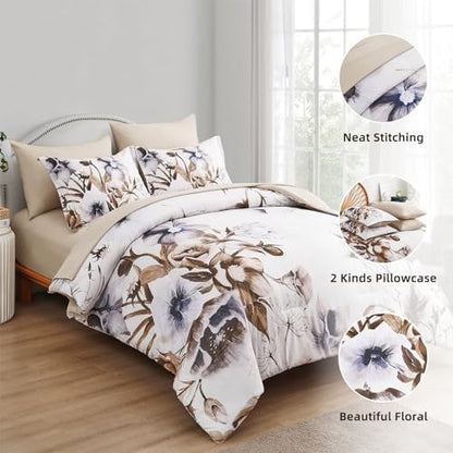 Luxudecor Floral Comforter Set Queen Size 7 Piece, Beige Flower Bed in a Bag, Elegant Floral Comforter with Sheet Set, Soft Microfiber Bedding Set for All Season (Beige, 90"x90")