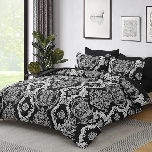 WONGS BEDDING 7 Pieces Comforter Set Queen Size, Black White Texture Bedding Set for All Season, Damask Soft and Breathable Bed in a Bag with Comforter, Flat Sheet, Fitted Sheet, Pillowcases & Shams