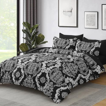 WONGS BEDDING 7 Pieces Comforter Set Queen Size, Black White Texture Bedding Set for All Season, Damask Soft and Breathable Bed in a Bag with Comforter, Flat Sheet, Fitted Sheet, Pillowcases & Shams