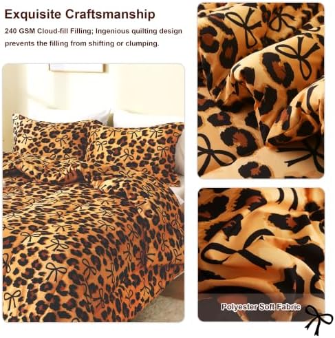Mooreeke Queen Size Comforter Sets, Leopard Print and Bow Tie Patterned Bedding for All Seasons, 3-Piece Vintage Bed in a Bag with Fluffy Quilted Reversible Comforter & 2 Pillow Shams