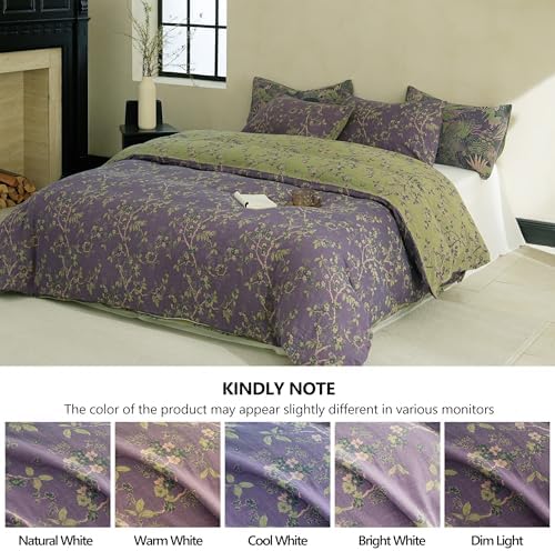 Simple&Opulence Muslin Duvet Cover Set King Size, 100% Washed Cotton 3 Pieces Yarn-Dyed Vintage Purple Floral Jacquard Textured Bedding, Soft & Breathable Gauze Comforter Cover with Zipper Closure