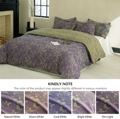 Simple&Opulence Muslin Duvet Cover Set King Size, 100% Washed Cotton 3 Pieces Yarn-Dyed Vintage Purple Floral Jacquard Textured Bedding, Soft & Breathable Gauze Comforter Cover with Zipper Closure