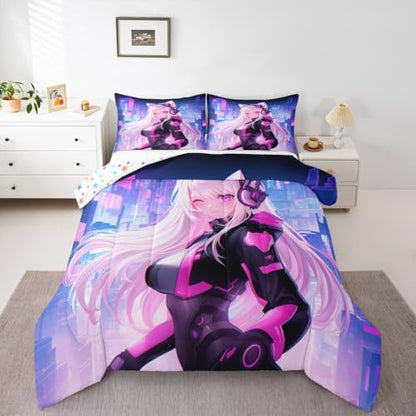 Erosebridal Twin Anime Girl Comforter Set 2 Piece, Kawaii Japanese Anime Bedding Set Cartoon Girl Bedding Comforter Sets Sci Fi Style Japanese Animation Quilt for Kids Girls Teens Adult Room