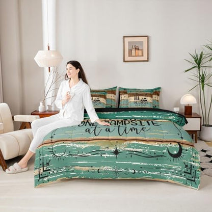 Erosebridal Camper Decor 7 Piece Queen Bed Set - Includes Comforter & Sheet Set Happy Camping Bedding - Rustic Farmhouse Vintage Wooden Door Bedding Comforter Sets for Kids Teens Adult, Green Brown