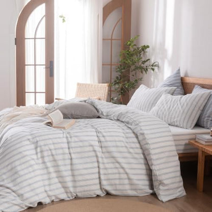 BESTOUCH Striped Cotton Duvet Cover Set Linen Feel Oversized King