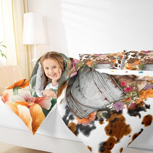 Highland Cattle Cup Comforter Set for Kids Adults,Retro Cow Skin Farmhouse Animal Soft Bedding Comforter Sets Queen,Watercolor Wild Flowers Rustic Style Quilt Comforter with 2 Pillowcases