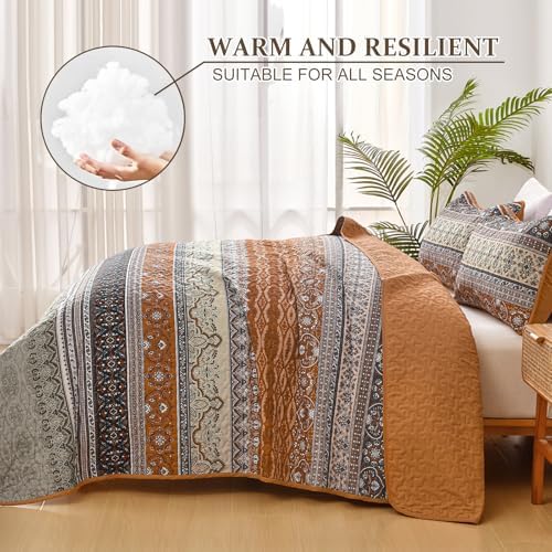 WONGS BEDDING Boho Queen Quilt Bedding Set, 3 Pieces Bedspread, Brown Grey