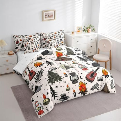 Erosebridal Kids Camper Theme Full Bedding Set 7 Piece Happy Camping Equipment Bed in A Bag with Sheets Botanical Trees Mountain Adventure Comforter Set for Boys Girls Teens,Cute Camper Bed Sets