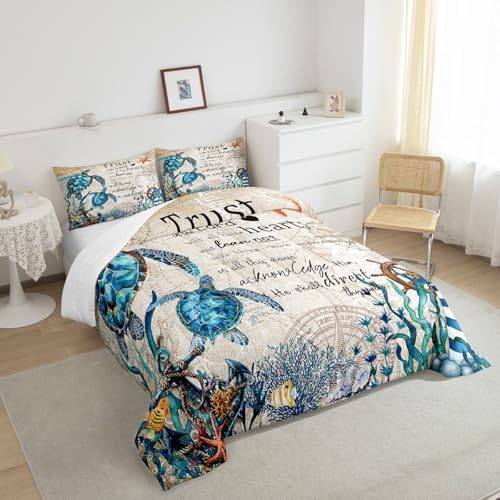 Homewish Sea Turtle Comforter Set King Size,Nautical Anchor Lighthouse Bedding Set 3Pcs for Kids Girls Boys Teens Room Decor,Ocean Animals Quilt Set Vintage Bible Quotes Duvet Insert,2 Pillowcases