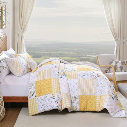YIKUSH Yellow Floral Queen Comforter Set, Soft Lightweight All Season Bedding Set for Women Girls, Cozy Cottagecore Botanical Comforter Queen Size with 2 Pillow Shams, Breathable Floral Bed Set