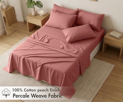 RUVANTI 100% Cotton Split King Sheets, Percale Sheets Set, Terracotta