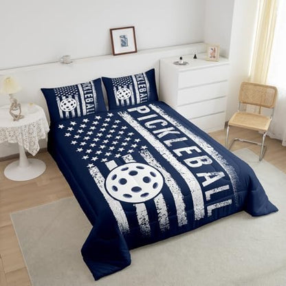 Feelyou Pickleball Bedding Set Boys Girls King Size American Flag Comforter Set for Kids Women Men Pickleball Themed Gifts Comforter Sports Game Duvet Set Ball Games Quilt Set