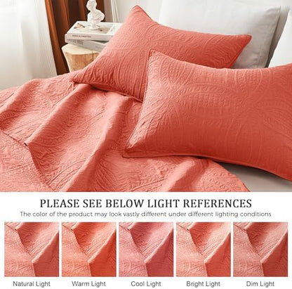 akkialla 118"x106" Coral California King Quilt Set, Oversized Floor-Length Bedspread, Modern Coin Pattern Microfiber Coverlet, 3-Piece All Season Bedding with 2 Pillow Shams