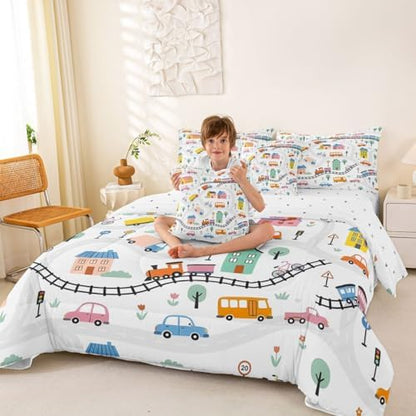 Erosebridal 7 Pcs Cartoon City Car Comforter Set Queen Size Bicycle Truck Train Kids Bedding Set with Sheets House & Tree Cityscape Bed in A Bag for Boys Girls Transportation Road & Railway Bed Sets