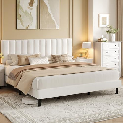 Garvee King Size Platform Bed Frame with Upholstered Headboard, White