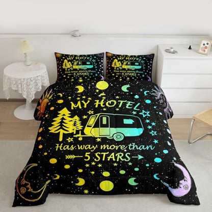 Happy Camping Comforter Set King Size,Camper RV Trailer Decor Bedding Set 3pcs for Kids Boys Girls Adults,Sun Moon Starry Sky Summer Down Comforter,Watercolor Romantic Duvet Insert,2 Pillowcases