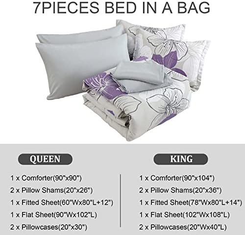 Luxudecor Purple Comforter Set King Size, Purple Floral Pattern Printed on Grey, Soft Microfiber 7 Pieces Bed in a Bag (1 Comforter, 2 Pillow Shams, 1 Flat Sheet, 1 Fitted Sheet, 2 Pillowcases)