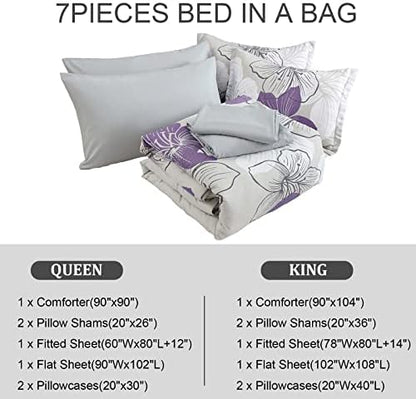 Luxudecor Purple Comforter Set King Size, Purple Floral Pattern Printed on Grey, Soft Microfiber 7 Pieces Bed in a Bag (1 Comforter, 2 Pillow Shams, 1 Flat Sheet, 1 Fitted Sheet, 2 Pillowcases)