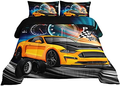 Axolotl Race Car Bedding - Full Size Boys Extreme Sports Comforter Set with 2 Pillowcases - Yellow Cool Car Quilt Set