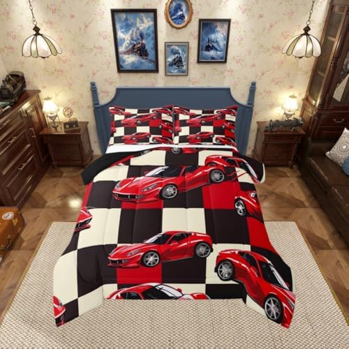 Erosebridal Red Racing Car Comforter Set Toddler for Boys, Cool Speed Race Car Bedding Set for Kids Youth Men Teens Room Decor, Extreme Sport Comforter, Grid Buffalo Quilt, 2 Piece