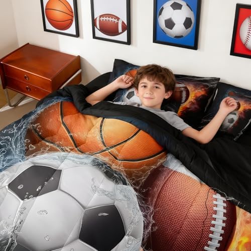 Sports Comforter Set 7 Pieces Queen Size Boys Bedding Set - Kids Basketball Football Baseball Soccer Bed In A Bag With Sheets, Pillow Covers, Pillowcases, Ice And Fire Flame Sports Game Comforter