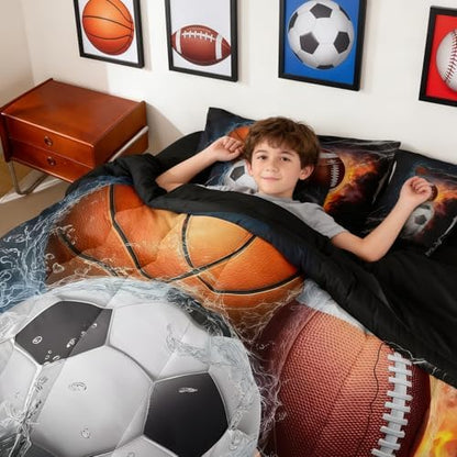 Erosebridal Football Bedding Set Twin Size 7 Pieces Kids Basketball Soccer Ball Pattern Bed Sets for Boys Girls Baseball Sports Theme Bed in A Bag with Comforter,Sheets,Pillowcases&Cushion Covers
