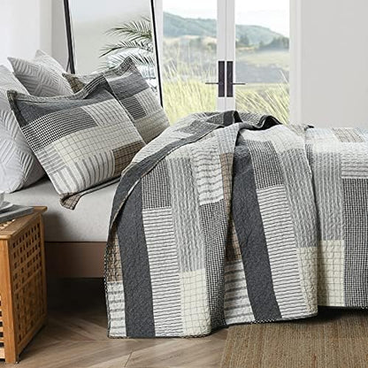 Finlonte Quilt King Size 100% Cotton King Size Quilts Grey Black Brown Quilted Bedspreads Plaid Comforter Set Lightweight Reversible Soft Breathable Bedding Sets for All Season, 3 Pieces