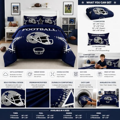 American Football Comforter Set Queen Size Rugby Helmets Bedding Set 3pcs for Kids Boys Teens Men Bedroom Decor Ball Sports Gaming Quilted Duvet Modern Grey Stars Print Duvet Insert,Navy Blue