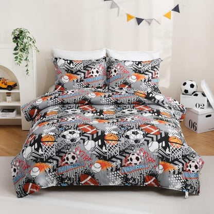 Yibeizi Grey Sports Comforter Set for Boys Full Baseball Bedding