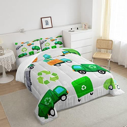 Feelyou Green Garbage Truck Bedding Set - Cartoon Trash Truck Comforter Set for Kids Boys Girls Teens - Green Vehicle Car Comforter Duvet Set with 1 Pillow Case
