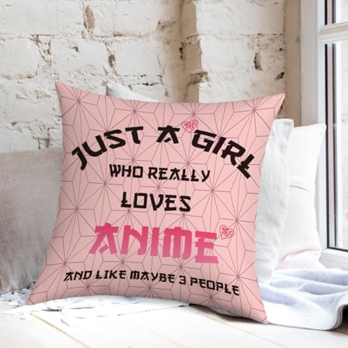Anime Decor, Just a Girl Who Loves Anime Anime Room Decorative Throw Pillow Covers, Girls Anime Gifts Anime Lovers for Home Living Room Girl Women Bedroom Decoration Gifts Pink