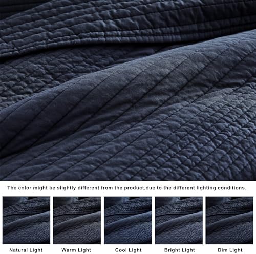 palassio Striped Navy Blue 100% Cotton Quilt Queen Size Bedding Sets, Lightweight Crinkly Channel Pick Stitch Textured Bedspread Soft Shabby Chic Farmhouse Country Coverlet for All Season, 2 Shams