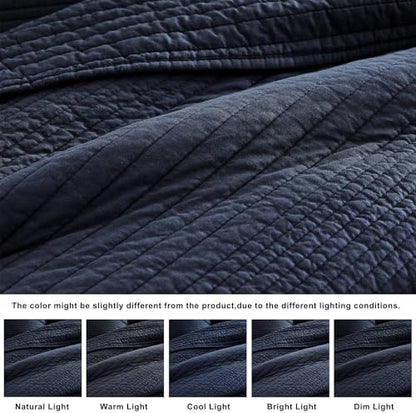 palassio Striped Navy Blue 100% Cotton Quilt King Size Bedding Sets, Lightweight Crinkly Channel Pick Stitch Textured Bedspread Soft Shabby Chic Farmhouse Country Coverlet for All Season, 2 Shams
