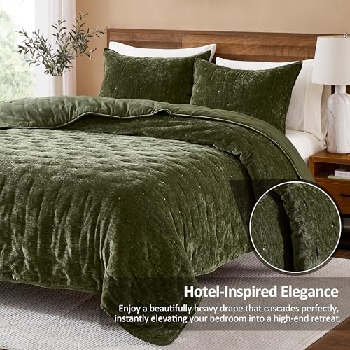 WDCOZY Cloud Soft Queen Size Quilt Set, Dark Olive Green Chenille Velvet
