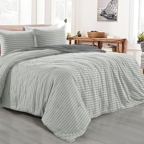 HOMBYS Oversized King Boho Comforter Set 120x120, Grey Black Tufted Jacquard Geometry Bedding Comforter for King Bed, Shabby Chic Bed Sets with 2 Matching Pillow Cases