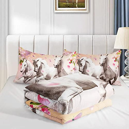 HOSIMA Girls Farm Wild Animal Horse Comforter Queen with 2 Pillowcases.